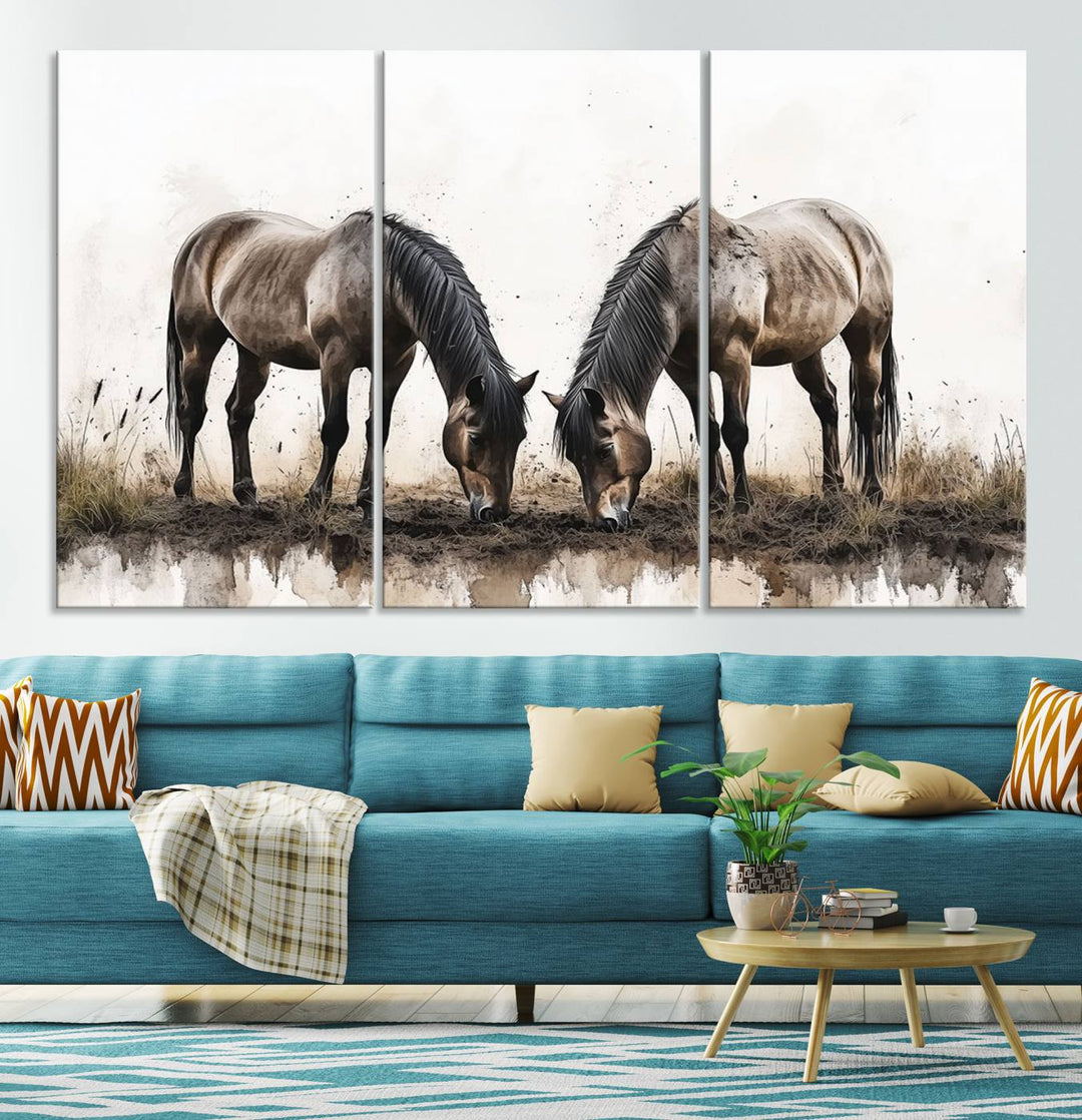 Chines Ink Style Horses Wall Art Canvas Print