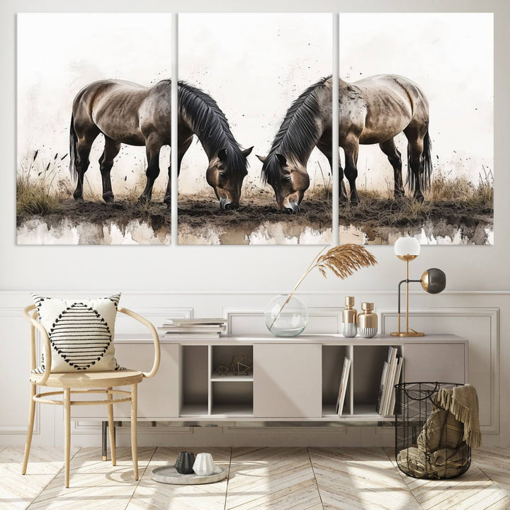 Chines Ink Style Horses Wall Art Canvas Print