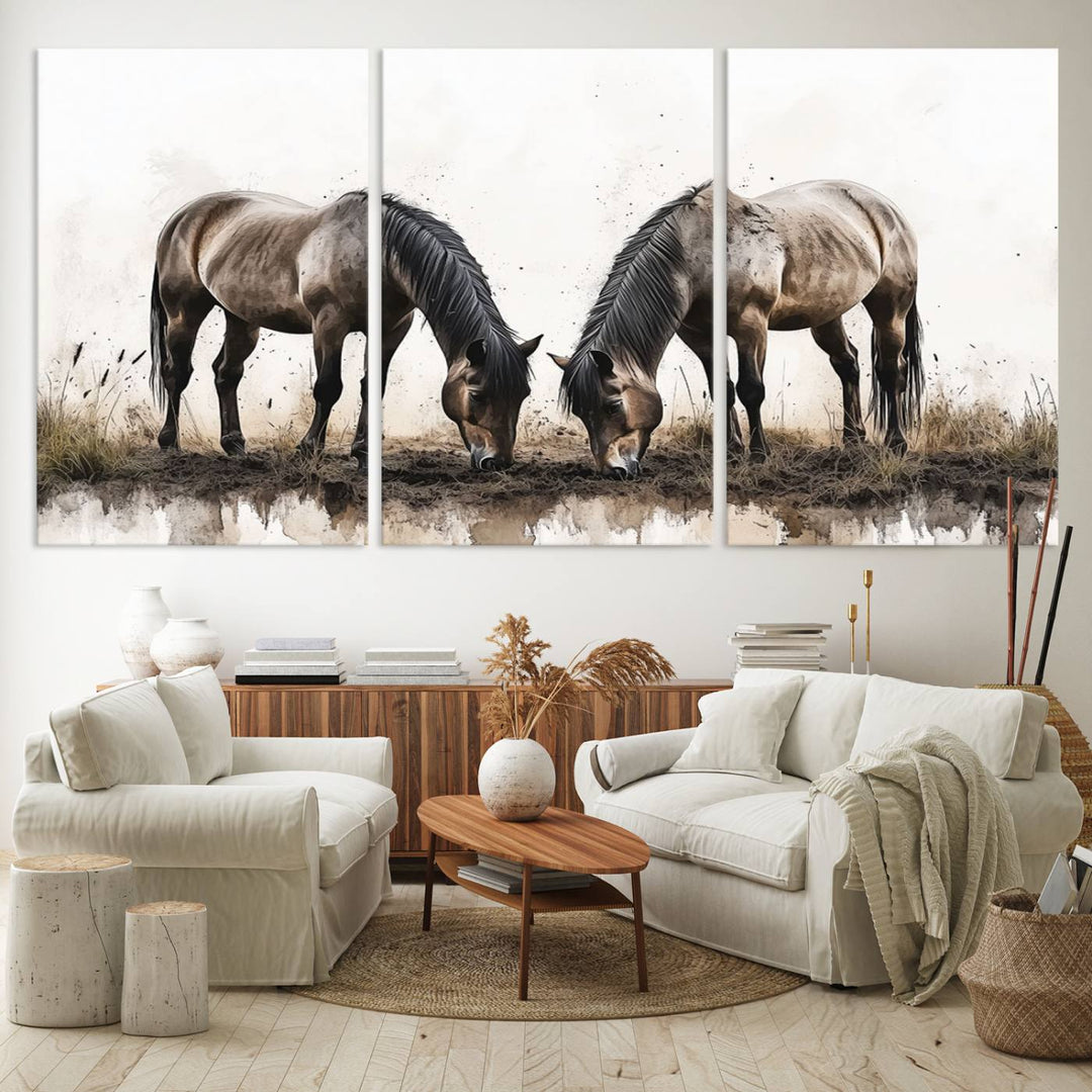 Chines Ink Style Horses Wall Art Canvas Print