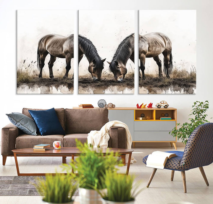 Chines Ink Style Horses Wall Art Canvas Print