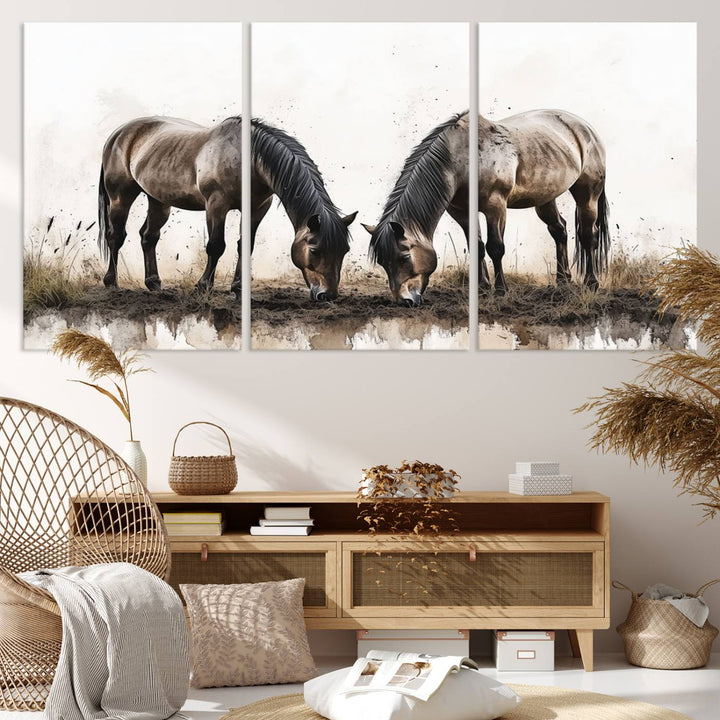 Chines Ink Style Horses Wall Art Canvas Print