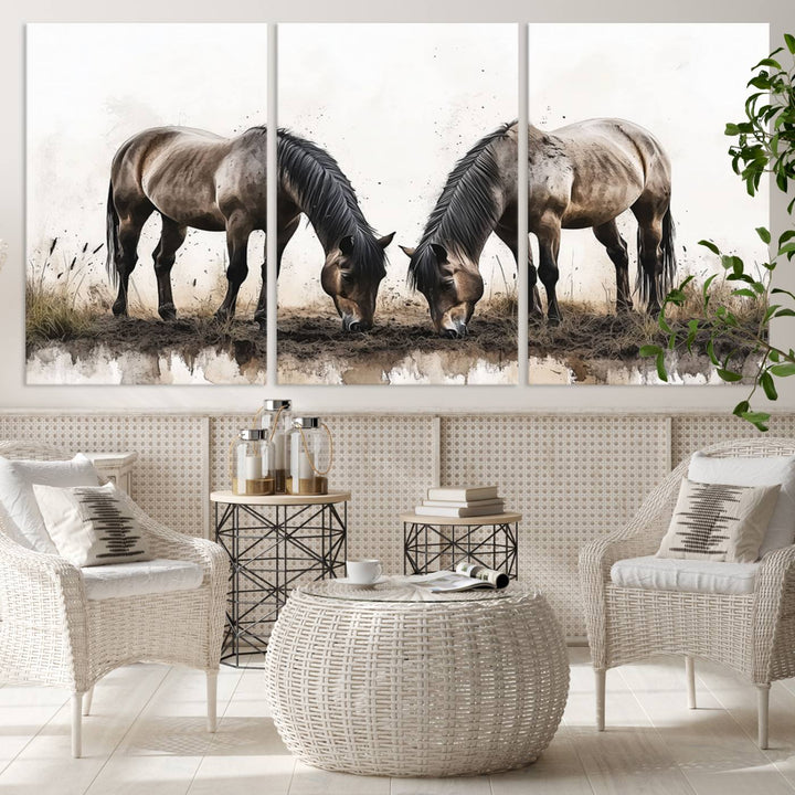 Chines Ink Style Horses Wall Art Canvas Print