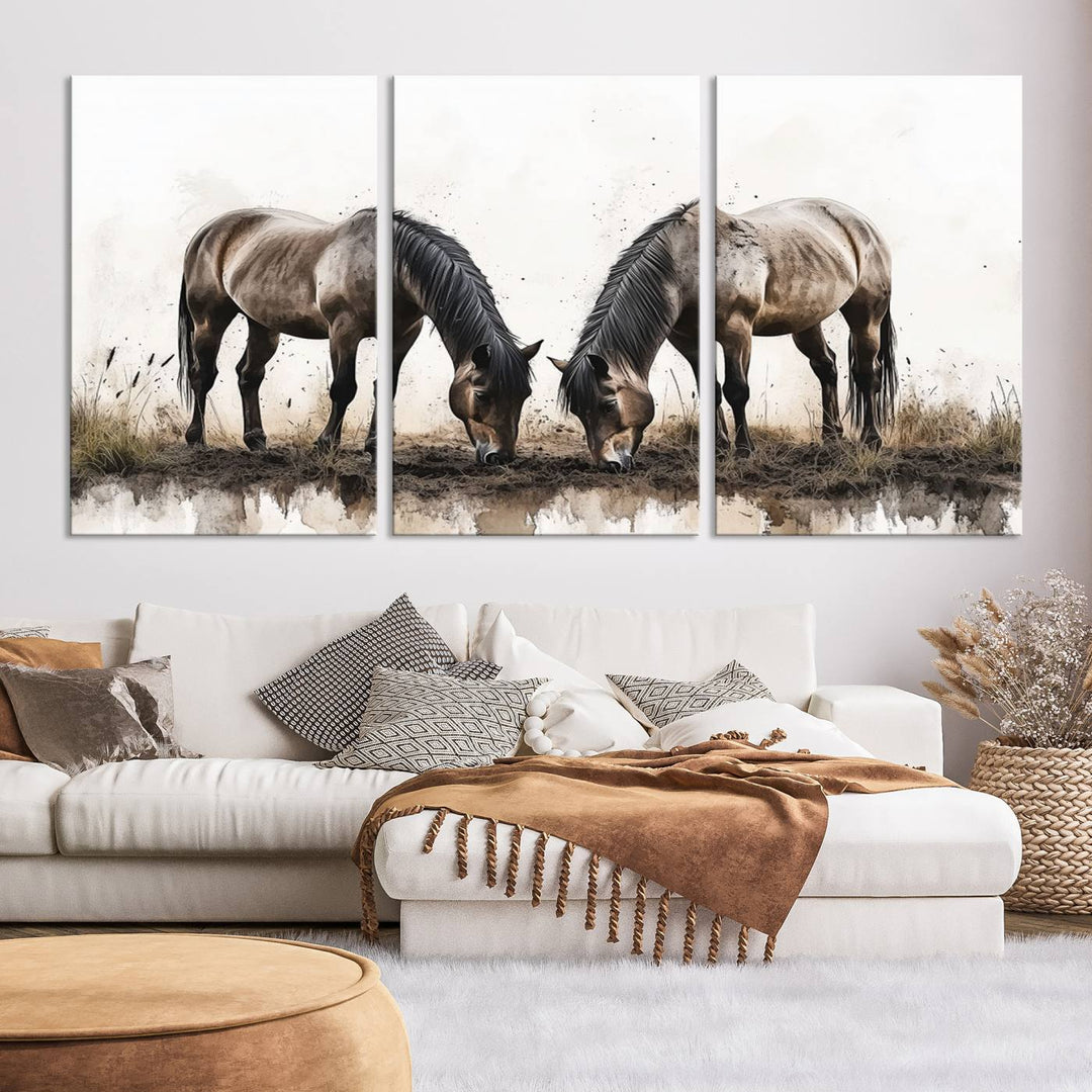 Chines Ink Style Horses Wall Art Canvas Print