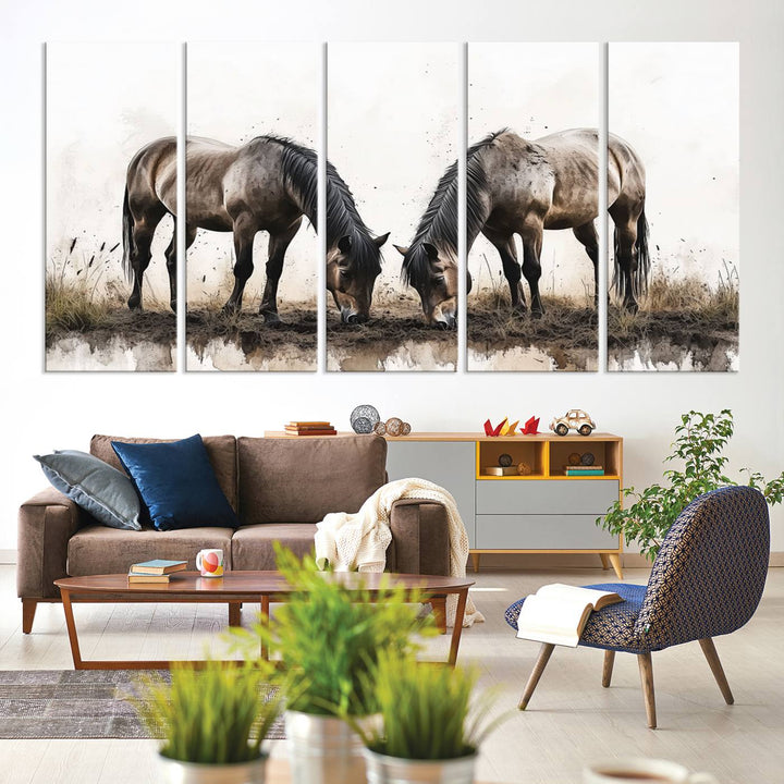 Chines Ink Style Horses Wall Art Canvas Print