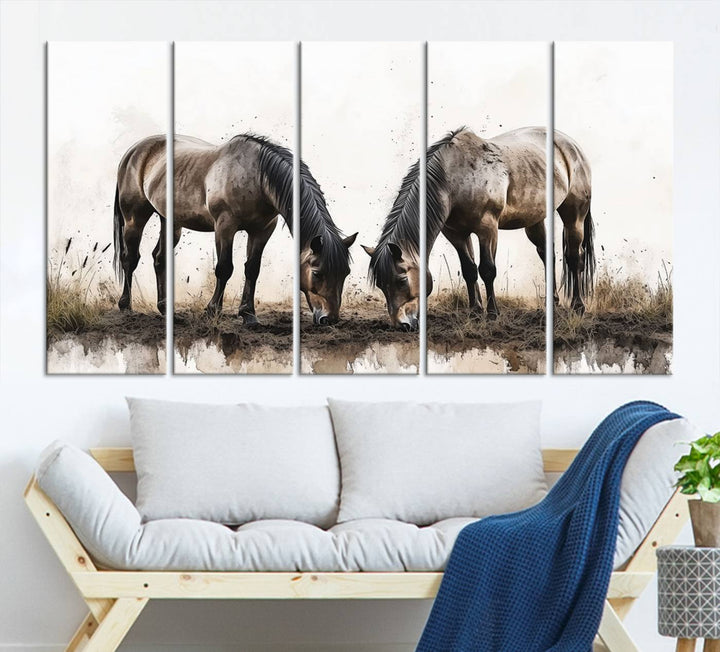 Chines Ink Style Horses Wall Art Canvas Print