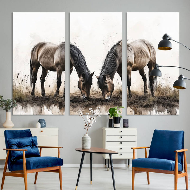 Chines Ink Style Horses Wall Art Canvas Print