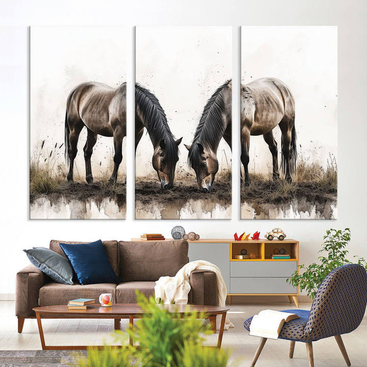 Chines Ink Style Horses Wall Art Canvas Print