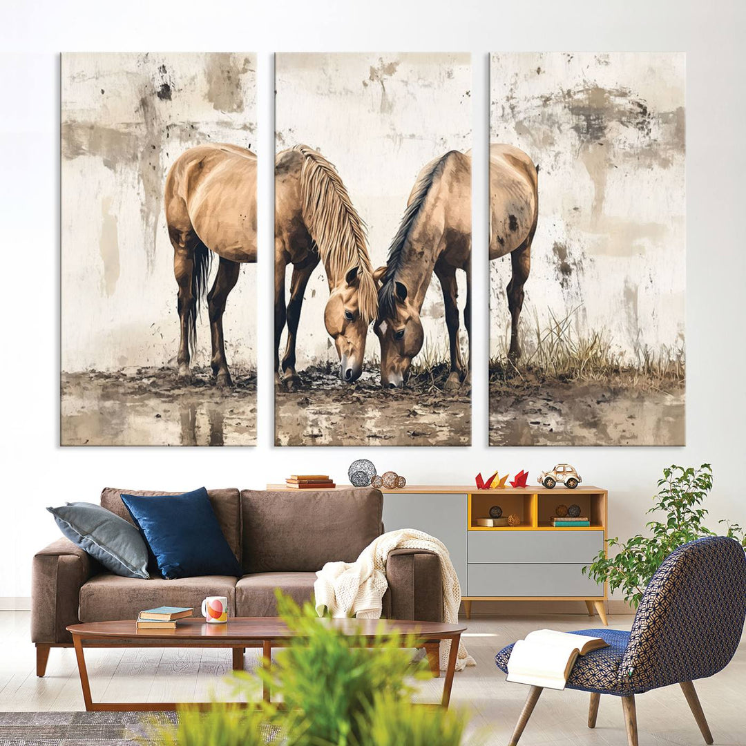 Chines Style Grunge Horses Wall Art Canvas Print