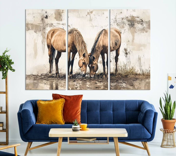 Chines Style Grunge Horses Wall Art Canvas Print