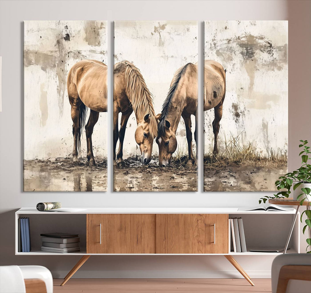 Chines Style Grunge Horses Wall Art Canvas Print