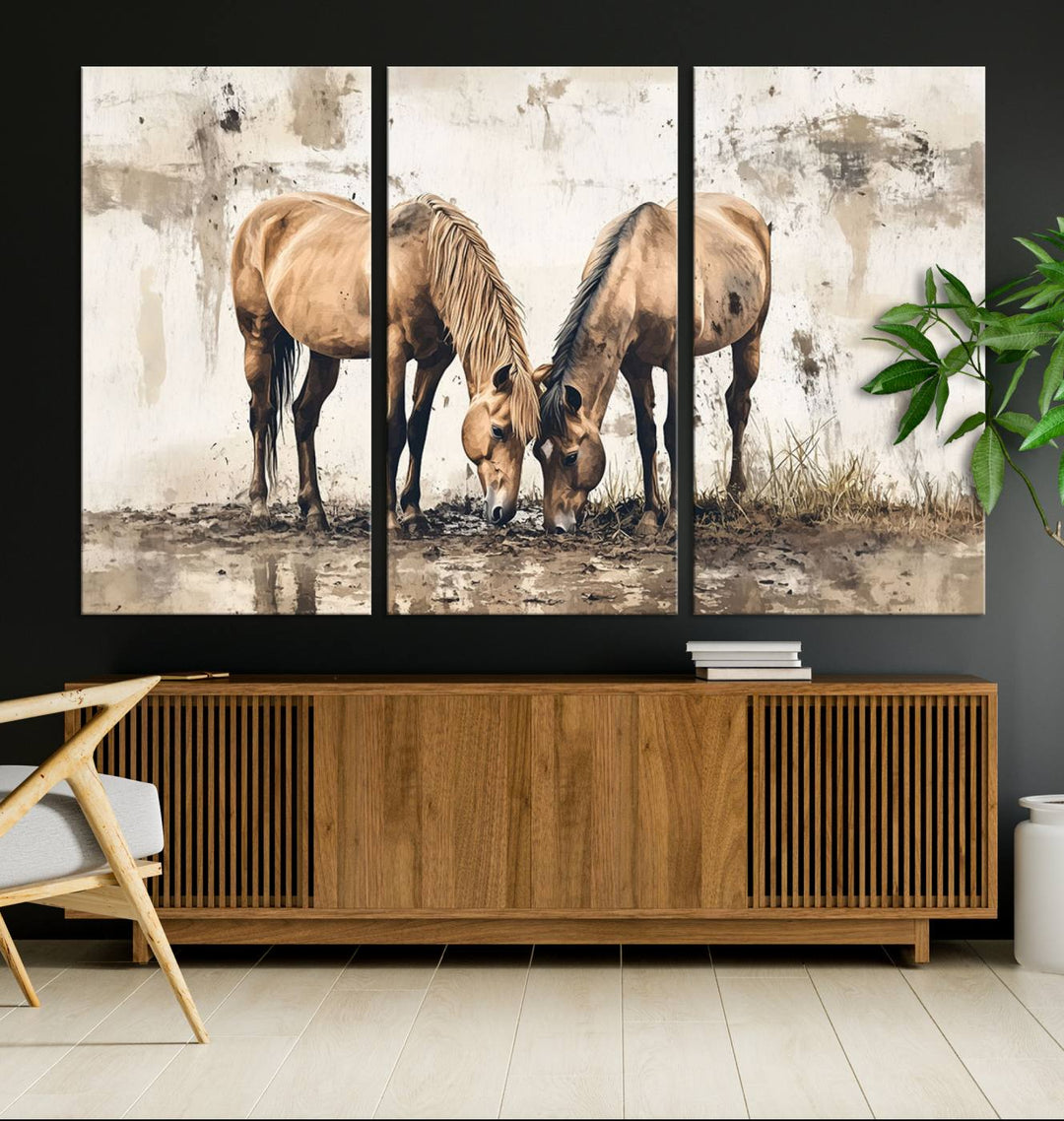 Chines Style Grunge Horses Wall Art Canvas Print