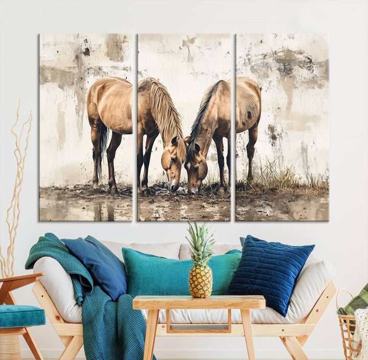 Chines Style Grunge Horses Wall Art Canvas Print