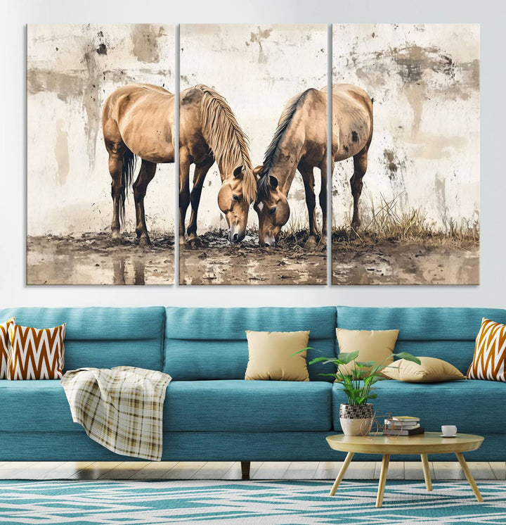 Chines Style Grunge Horses Wall Art Canvas Print