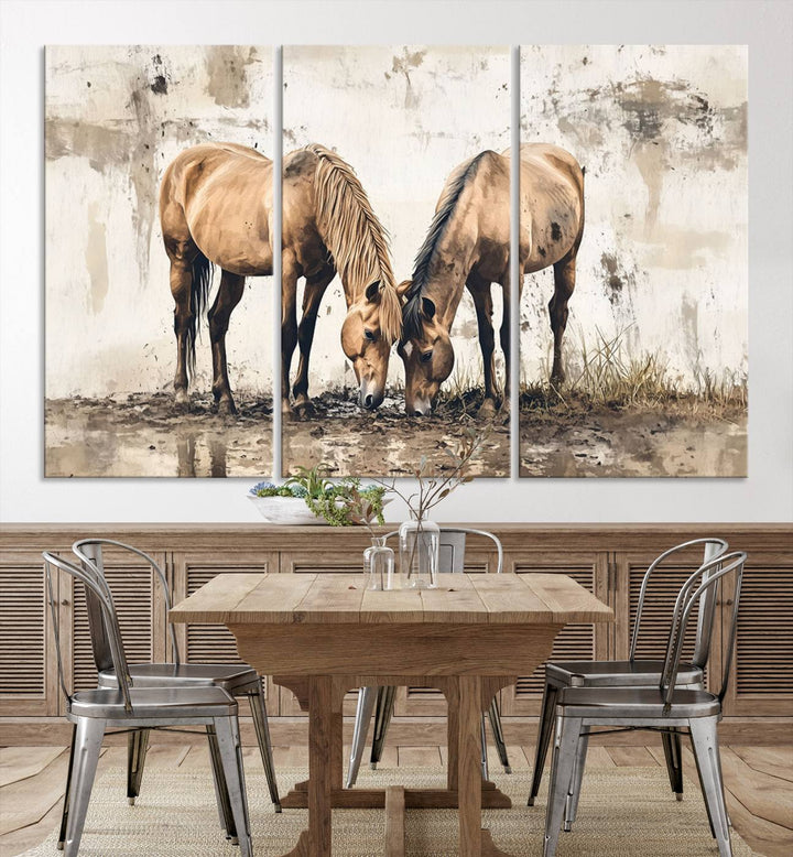 Chines Style Grunge Horses Wall Art Canvas Print