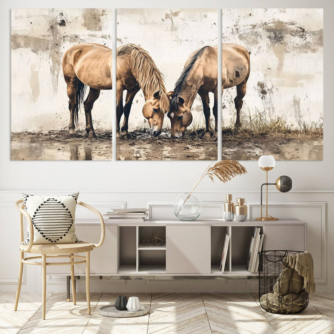 Chines Style Grunge Horses Wall Art Canvas Print