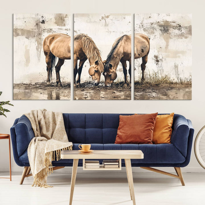 Chines Style Grunge Horses Wall Art Canvas Print