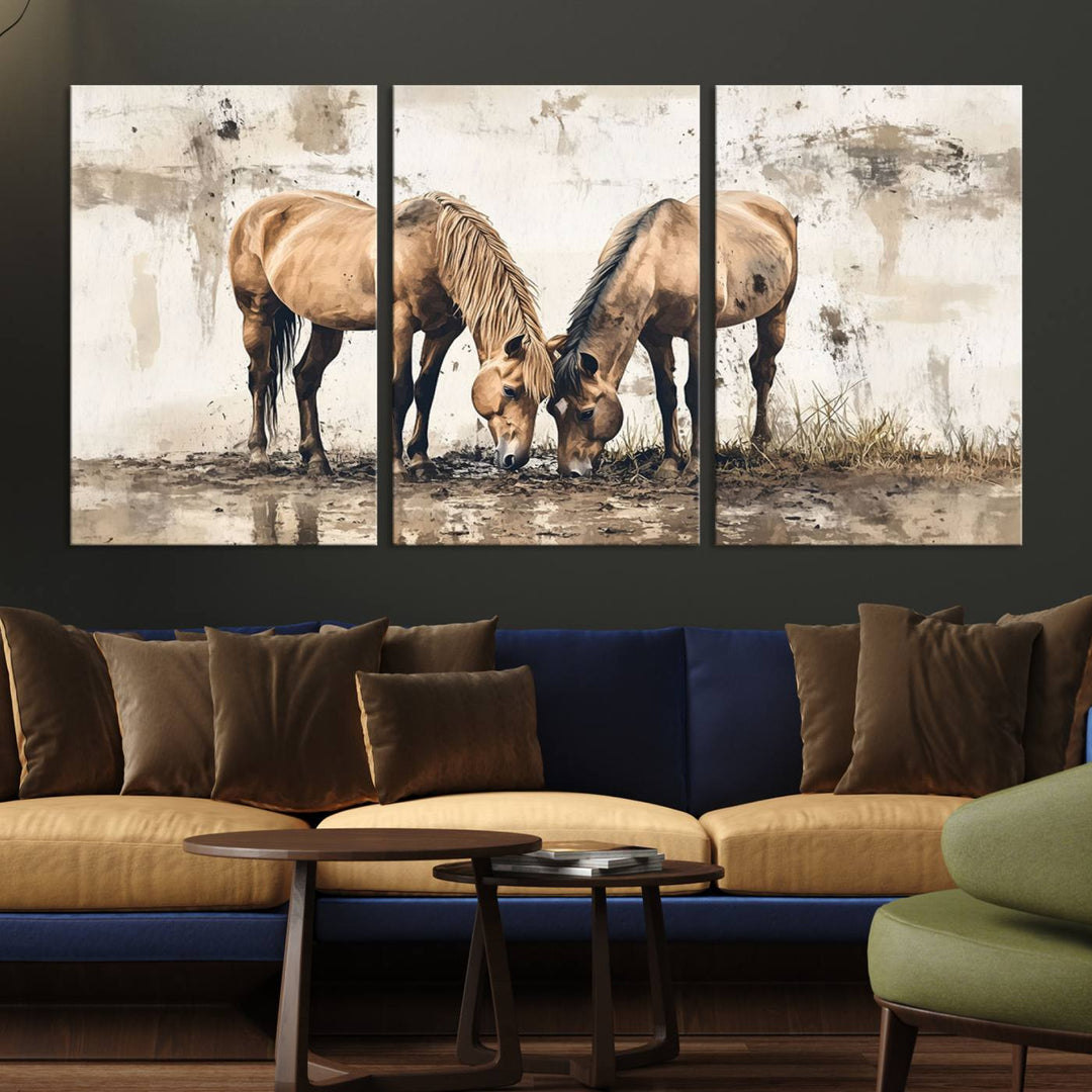 Chines Style Grunge Horses Wall Art Canvas Print