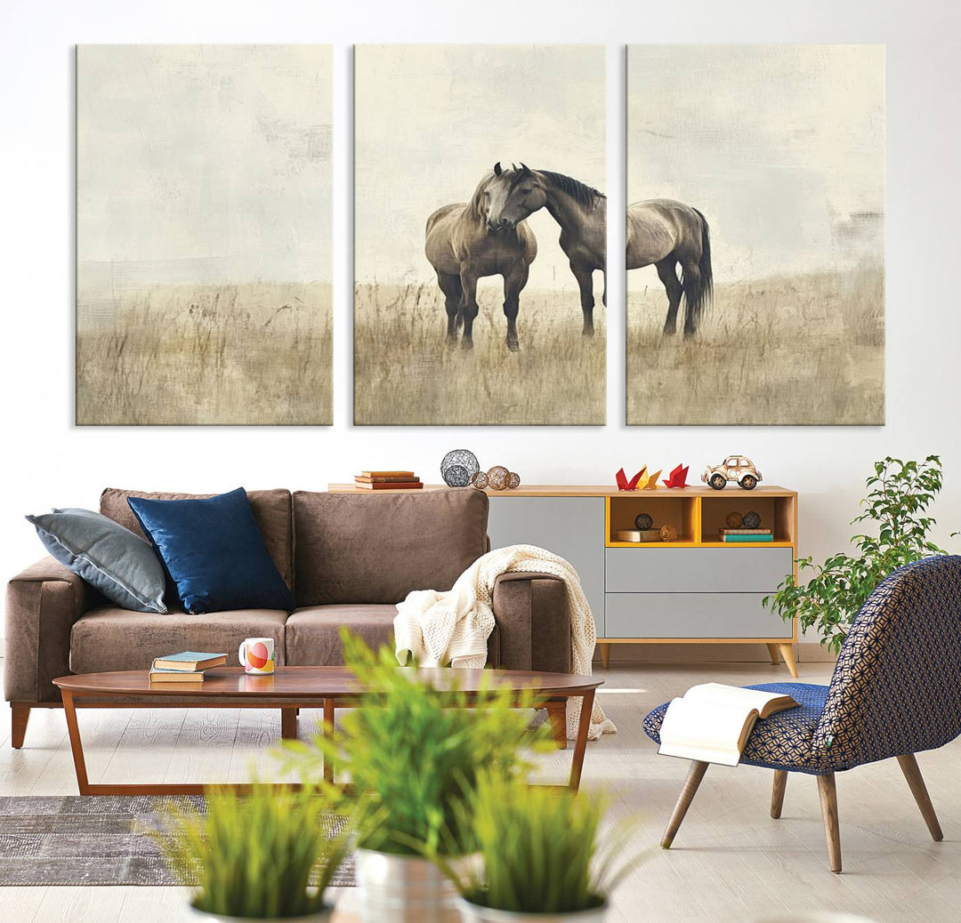 Chines Style Grunge Horses Wall Art Canvas Print