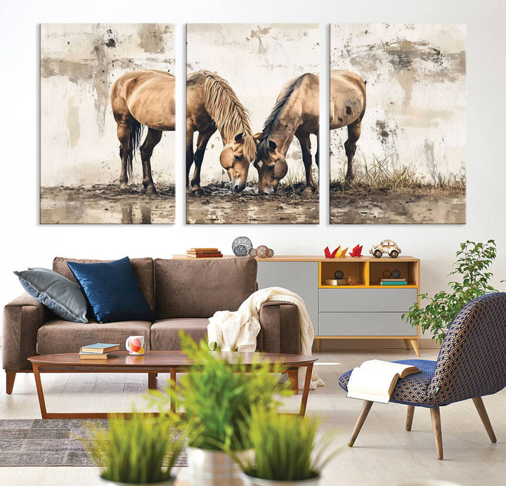 Chines Style Grunge Horses Wall Art Canvas Print