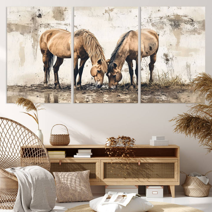 Chines Style Grunge Horses Wall Art Canvas Print