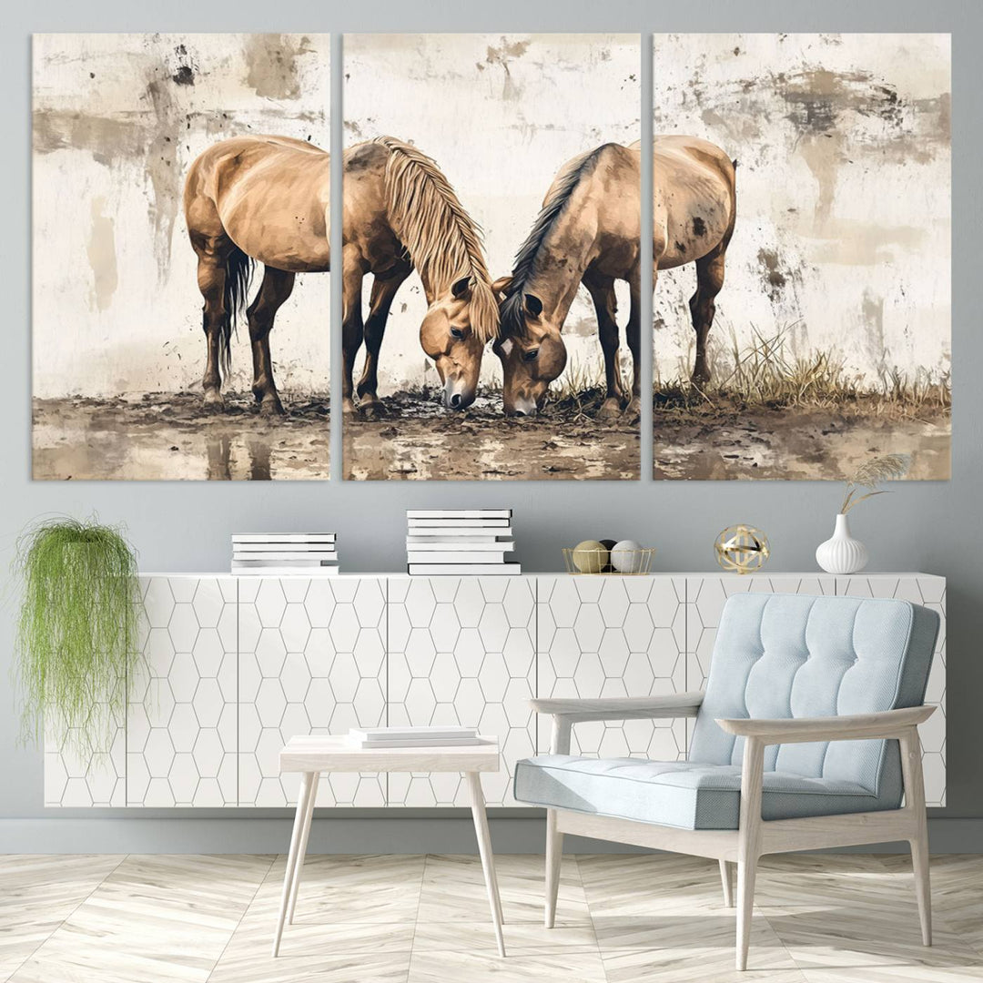 Chines Style Grunge Horses Wall Art Canvas Print