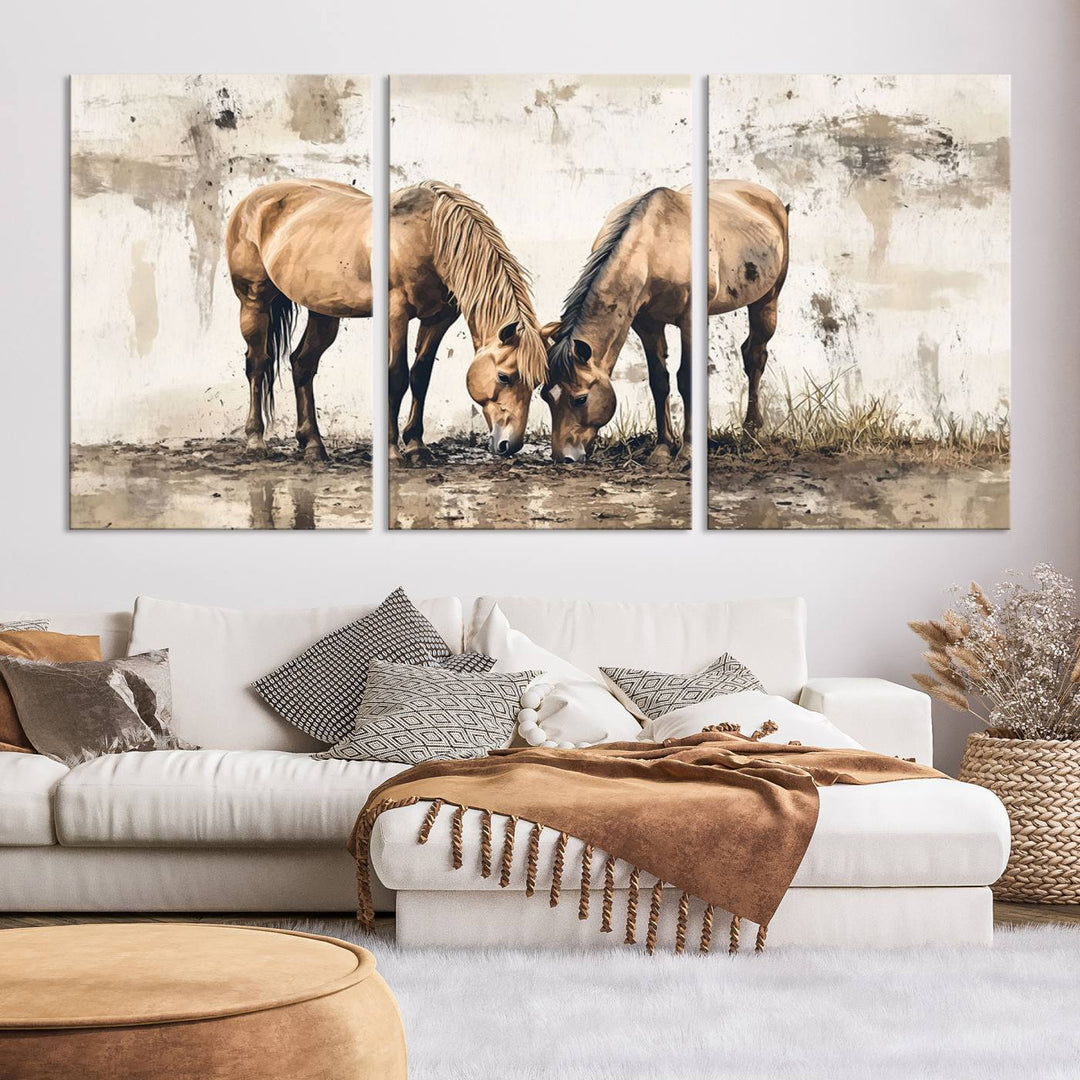 Chines Style Grunge Horses Wall Art Canvas Print