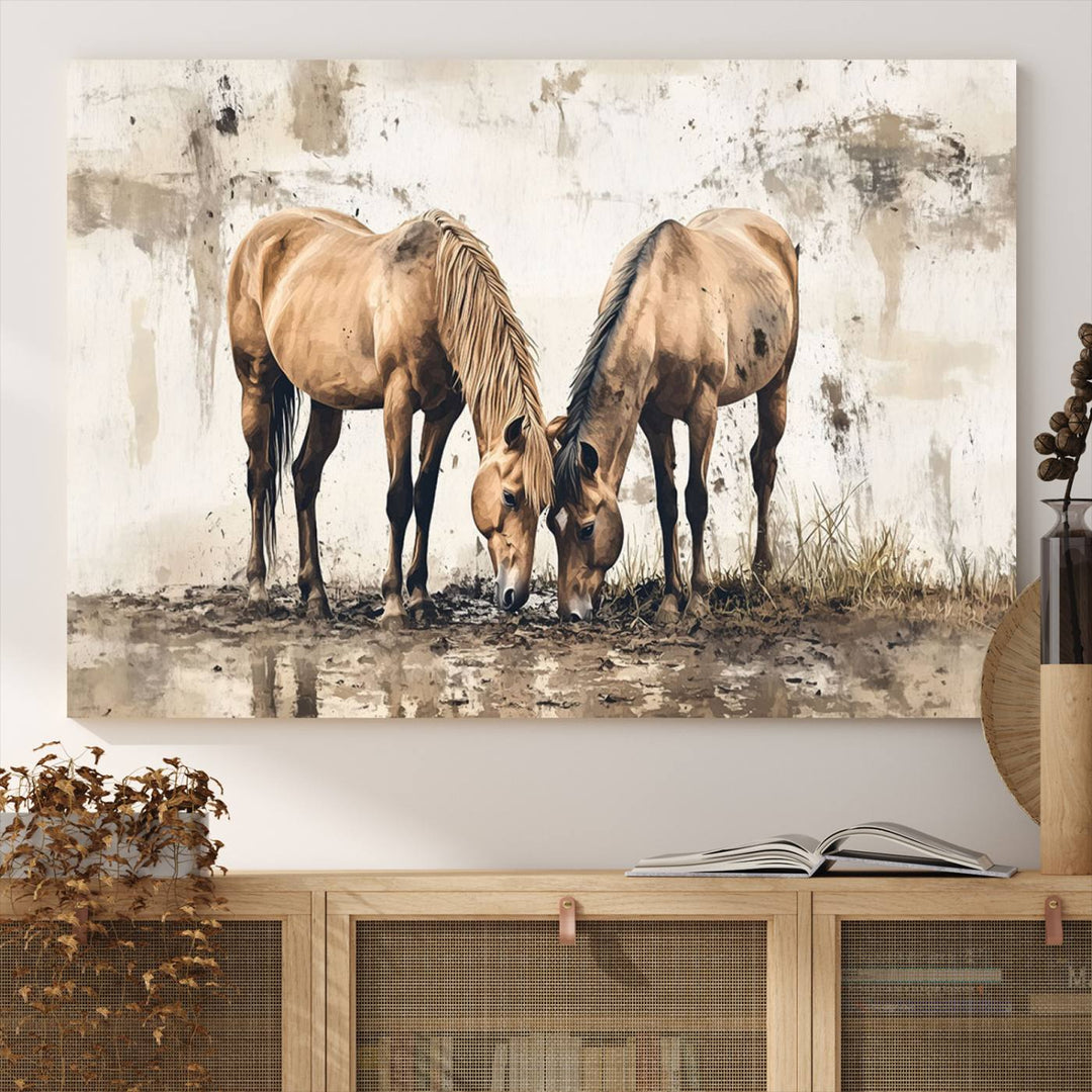 Chines Style Grunge Horses Wall Art Canvas Print