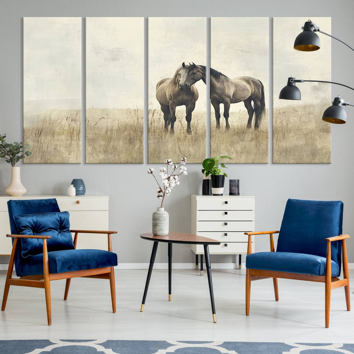 Chines Style Grunge Horses Wall Art Canvas Print