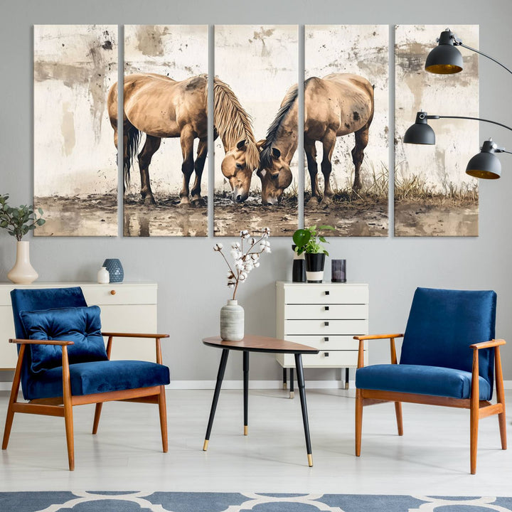 Chines Style Grunge Horses Wall Art Canvas Print