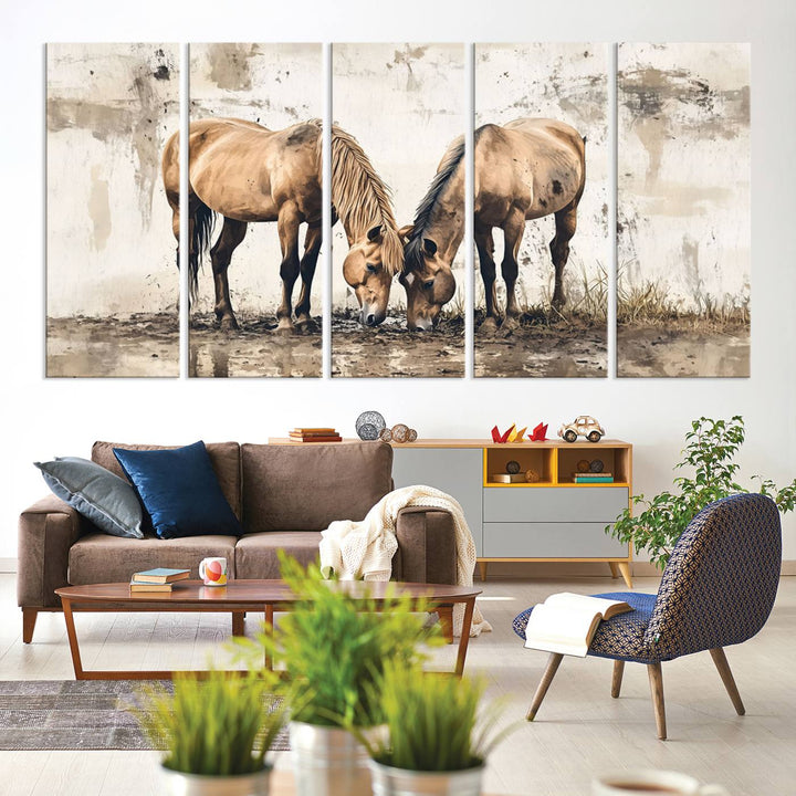 Chines Style Grunge Horses Wall Art Canvas Print