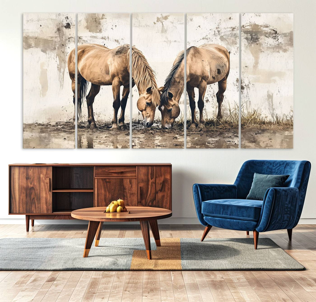 Chines Style Grunge Horses Wall Art Canvas Print