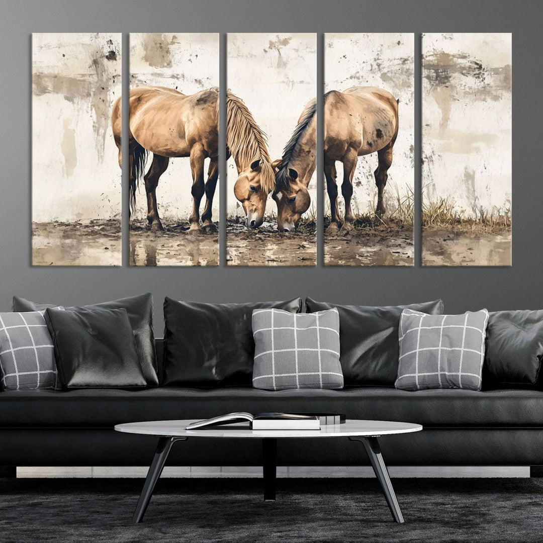 Chines Style Grunge Horses Wall Art Canvas Print