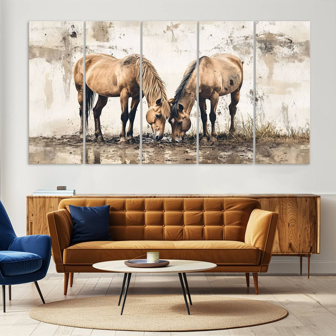 Chines Style Grunge Horses Wall Art Canvas Print