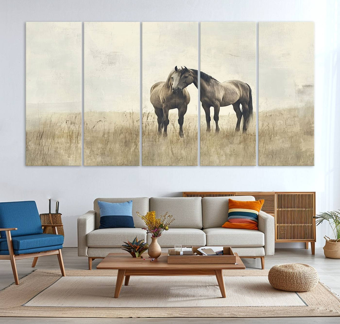 Chines Style Grunge Horses Wall Art Canvas Print