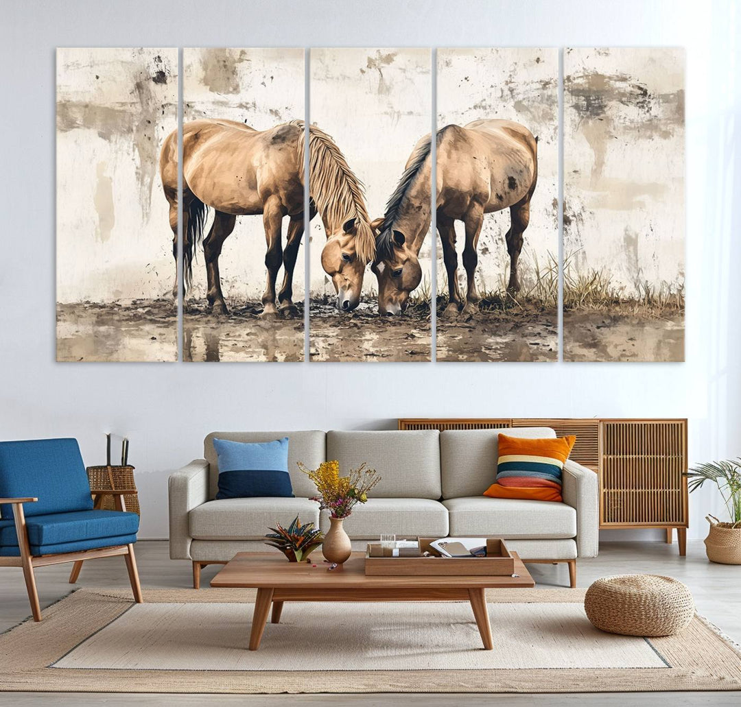 Chines Style Grunge Horses Wall Art Canvas Print