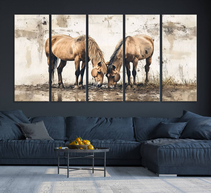 Chines Style Grunge Horses Wall Art Canvas Print