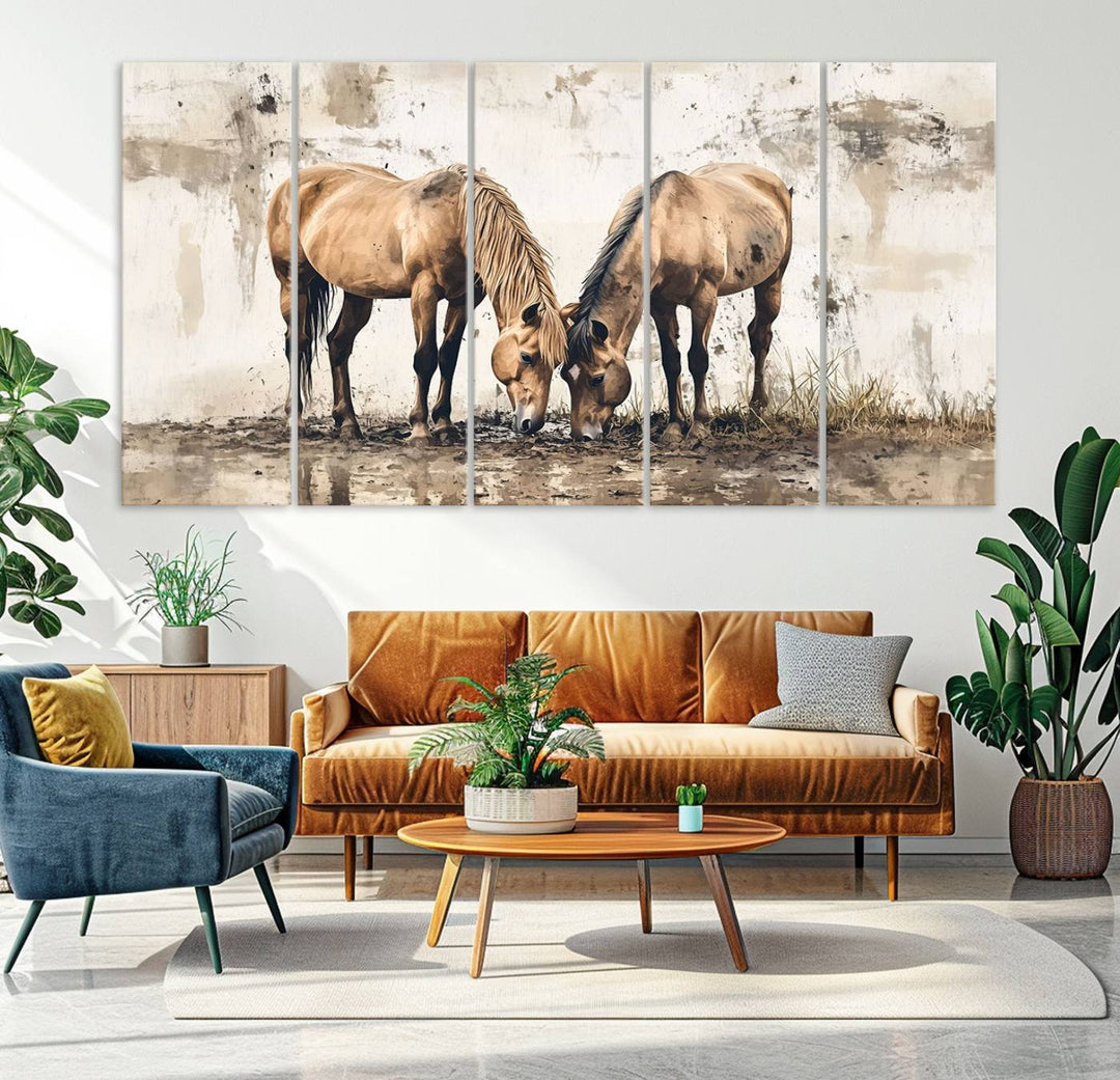 Chines Style Grunge Horses Wall Art Canvas Print