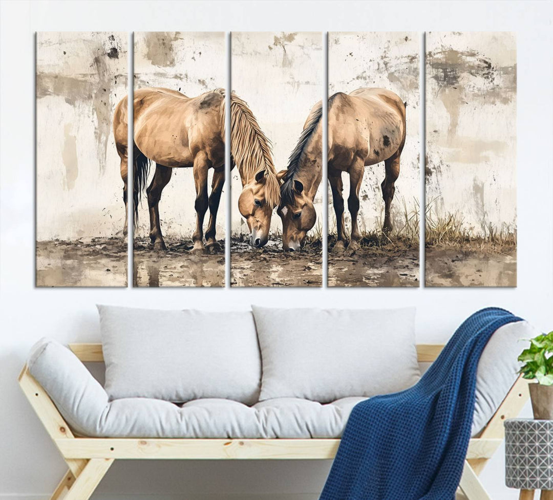 Chines Style Grunge Horses Wall Art Canvas Print