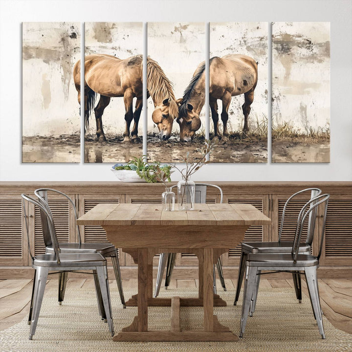 Chines Style Grunge Horses Wall Art Canvas Print