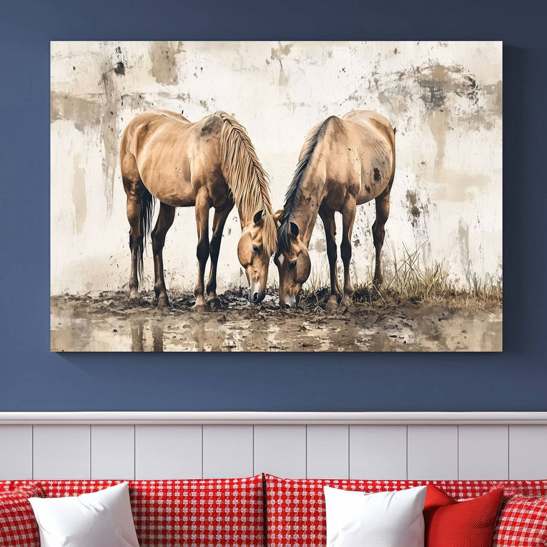 Chines Style Grunge Horses Wall Art Canvas Print