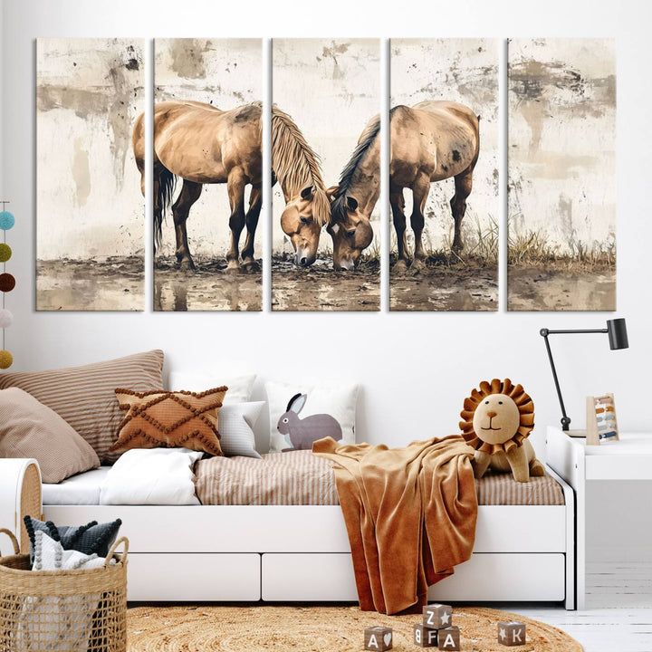 Chines Style Grunge Horses Wall Art Canvas Print