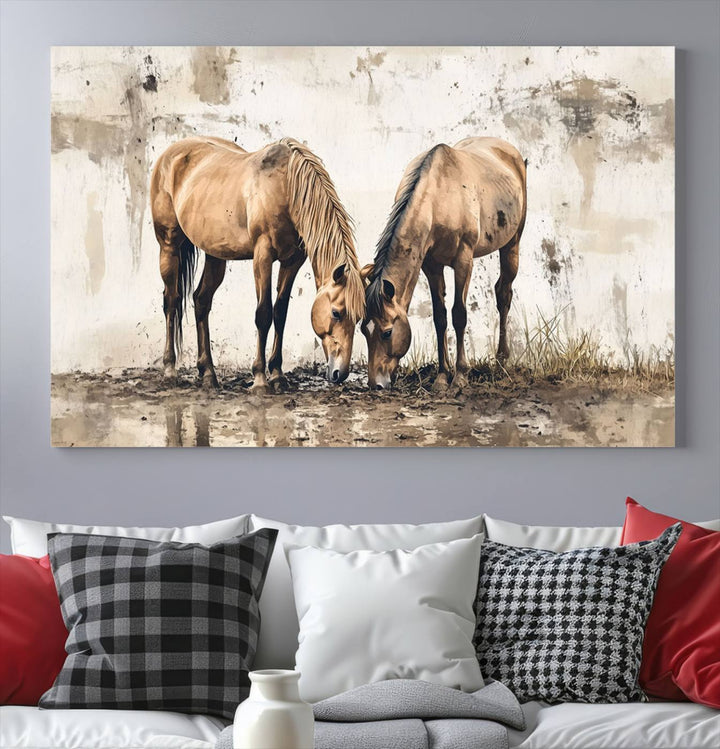 Chines Style Grunge Horses Wall Art Canvas Print