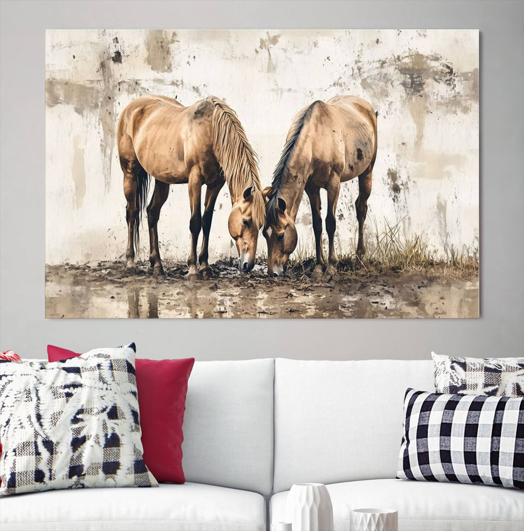 Chines Style Grunge Horses Wall Art Canvas Print