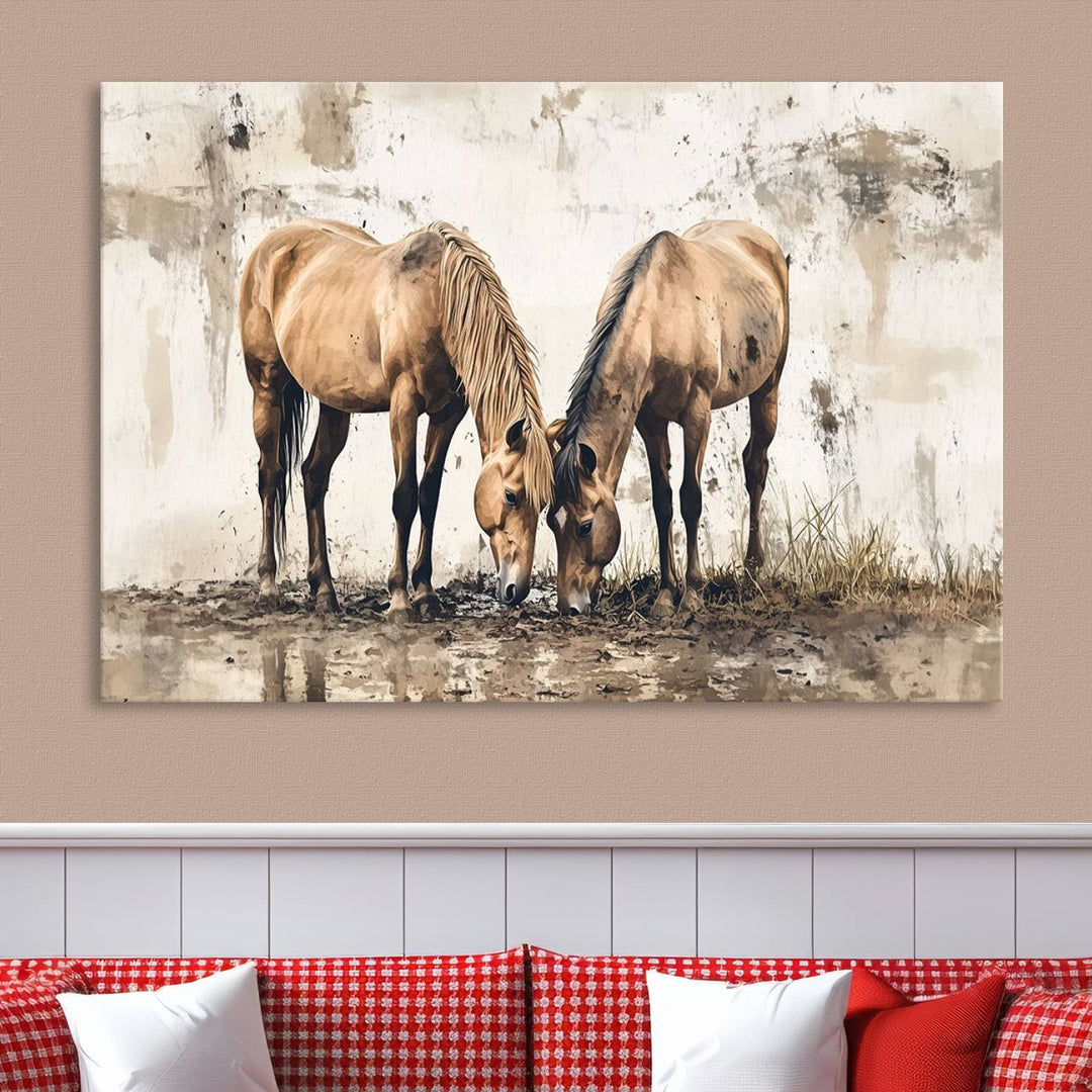 Chines Style Grunge Horses Wall Art Canvas Print