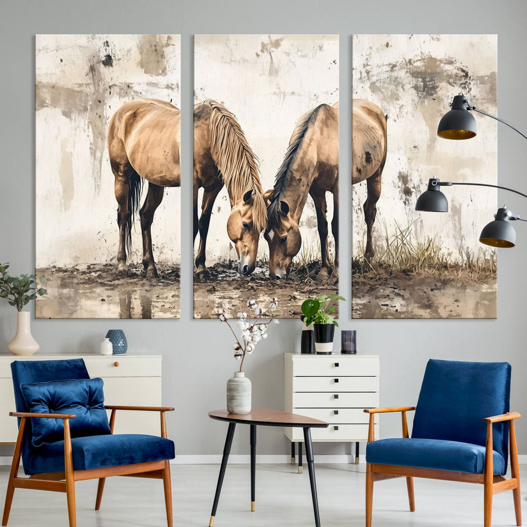 Chines Style Grunge Horses Wall Art Canvas Print