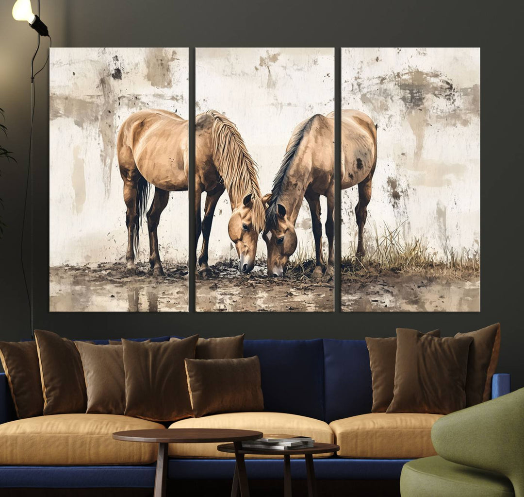 Chines Style Grunge Horses Wall Art Canvas Print