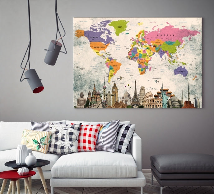 Classic World Map Canvas Print Wonder of World Poster Push Pin Map Wall Art