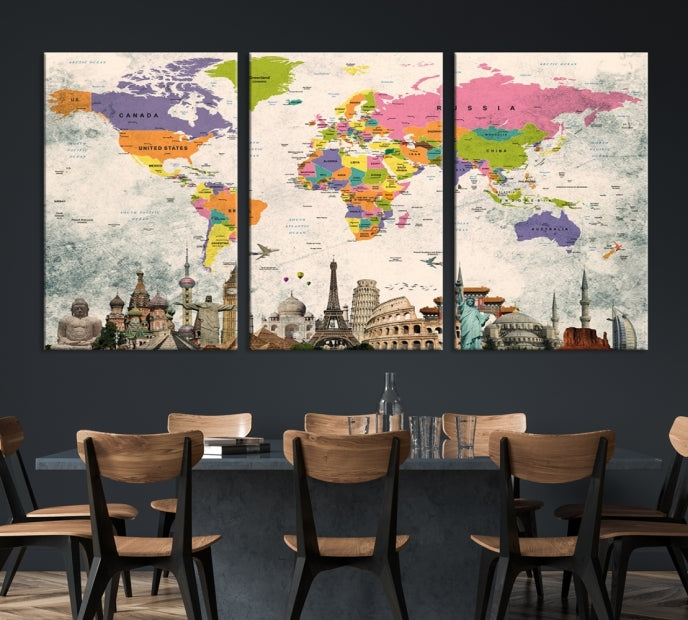 Classic World Map Canvas Print Wonder of World Poster Push Pin Map Wall Art