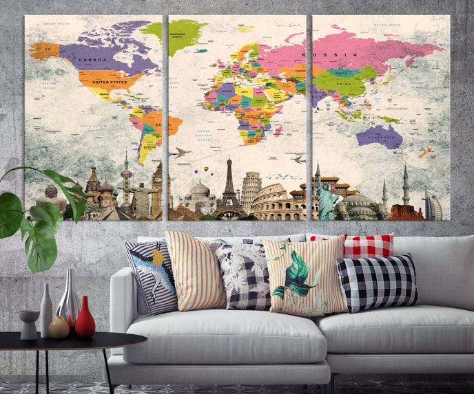 Classic World Map Canvas Print Wonder of World Poster Push Pin Map Wall Art