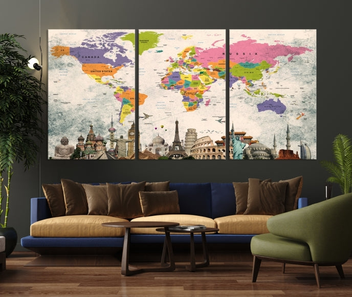 Classic World Map Canvas Print Wonder of World Poster Push Pin Map Wall Art